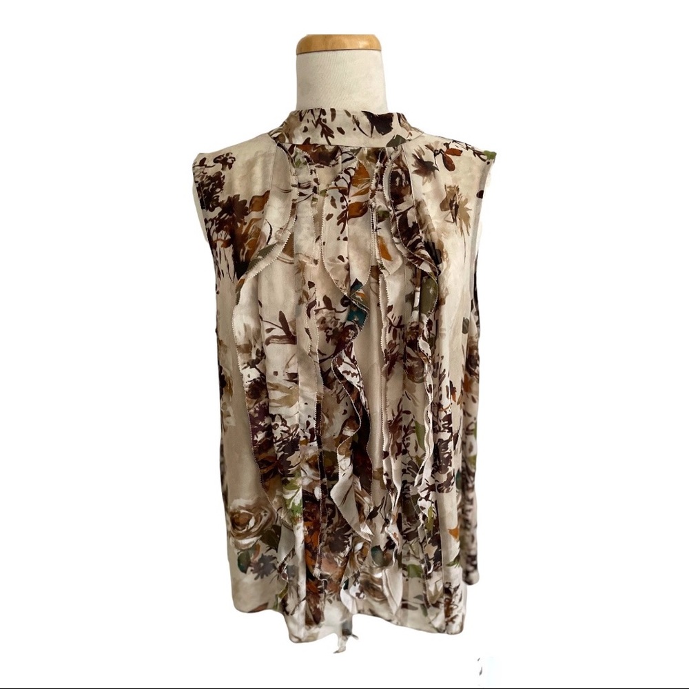 Jones New York Cream Floral Ruffle Neck Sleeveless Tank